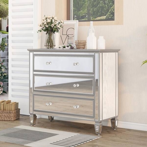Modern Mirrored Accent Chest with Three Drawers and Crystal Knobs