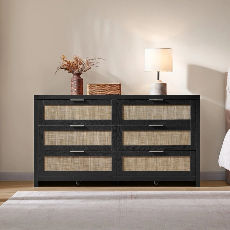 Modern Organic Dresser with Black Frame and Woven Cane Texture