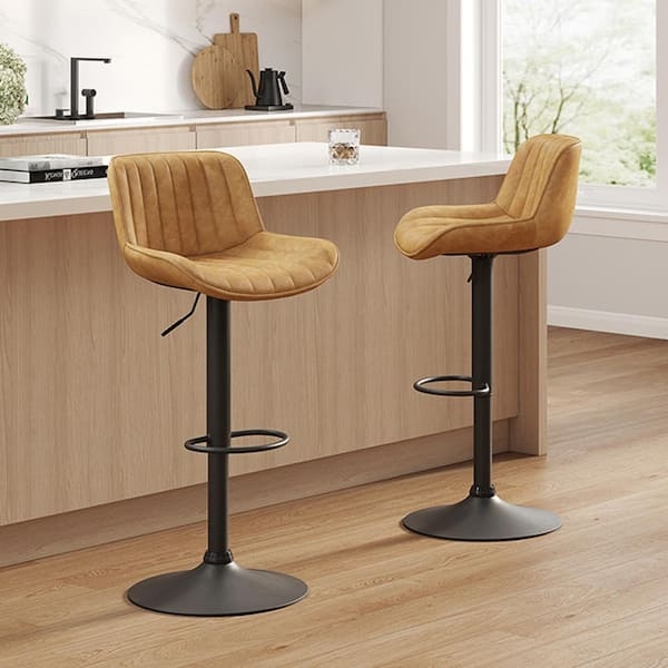 Modern Ribbed Bar Stools Tan Faux Leather Adjustable Swivel