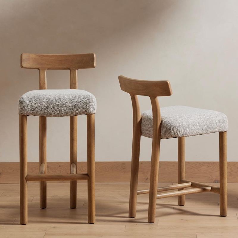 Modern Rustic Counter Stool Boucle Texture Curved Wood Backrest