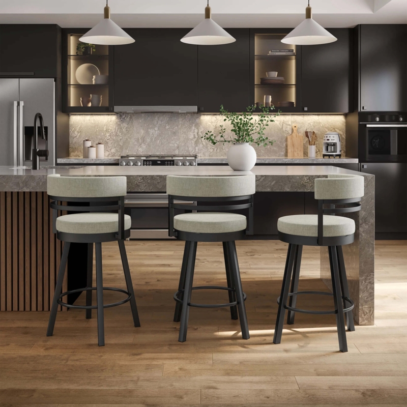Modern Swivel Bar Stools with Low Curved Back and Matte Black Frame