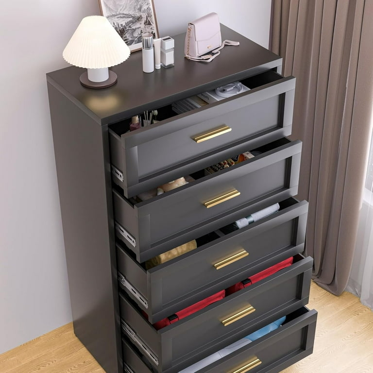 Modern Tall Chest of Drawers Black Metal Gold Pulls