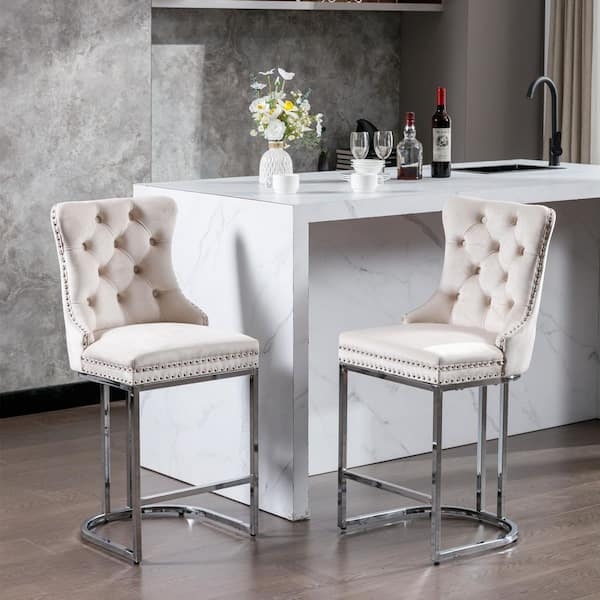 Modern Velvet Barstools 26" Counter Height Kitchen Island Chairs,Set of 2 - Beige