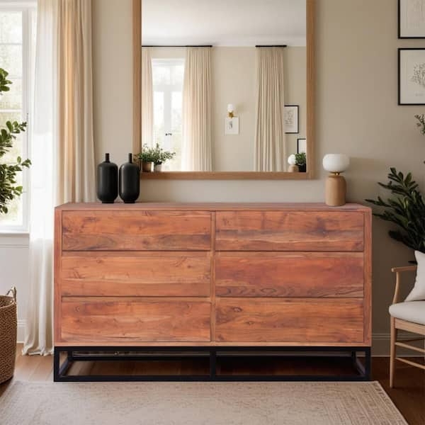 Modern Walnut Wood Dresser Black Metal Base Frame Handleless