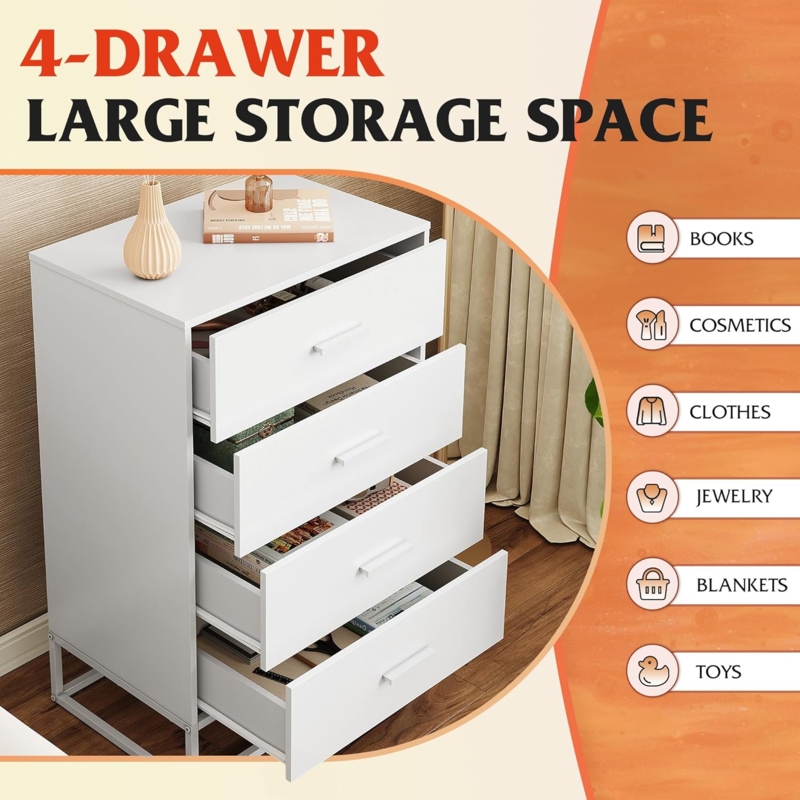 Modern White 4-Drawer Chest with Metal Pedestal Base