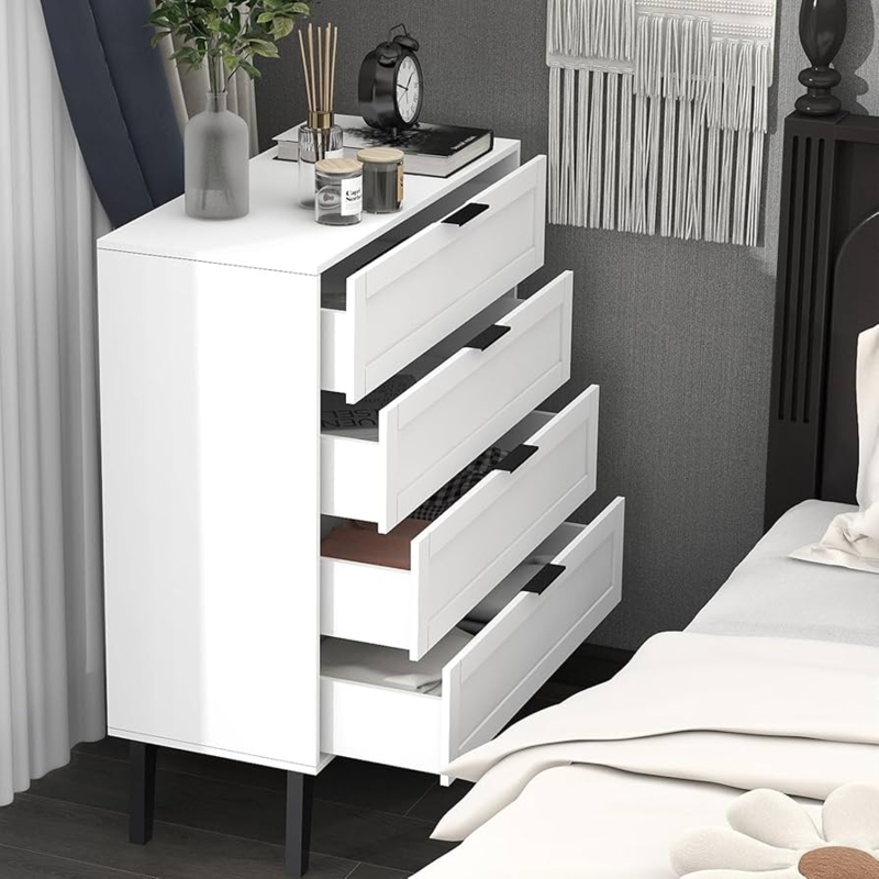 Modern White Chest with Tapered Black Legs and Slim Handles