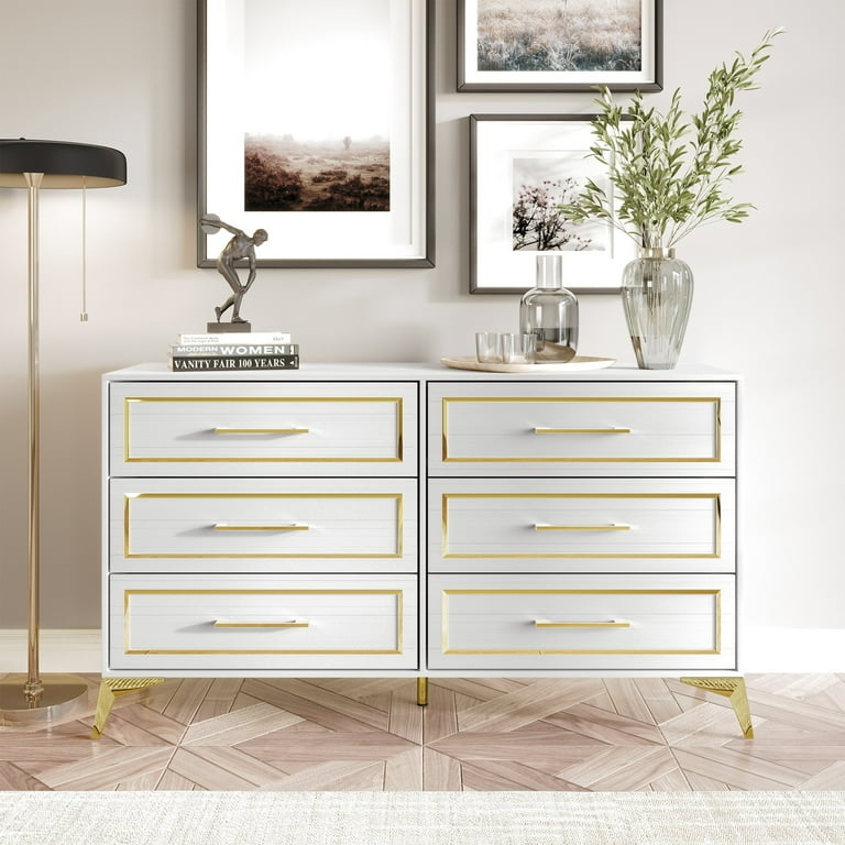 Modern White Double Dresser with Gold Inlay Trim and Angled Legs