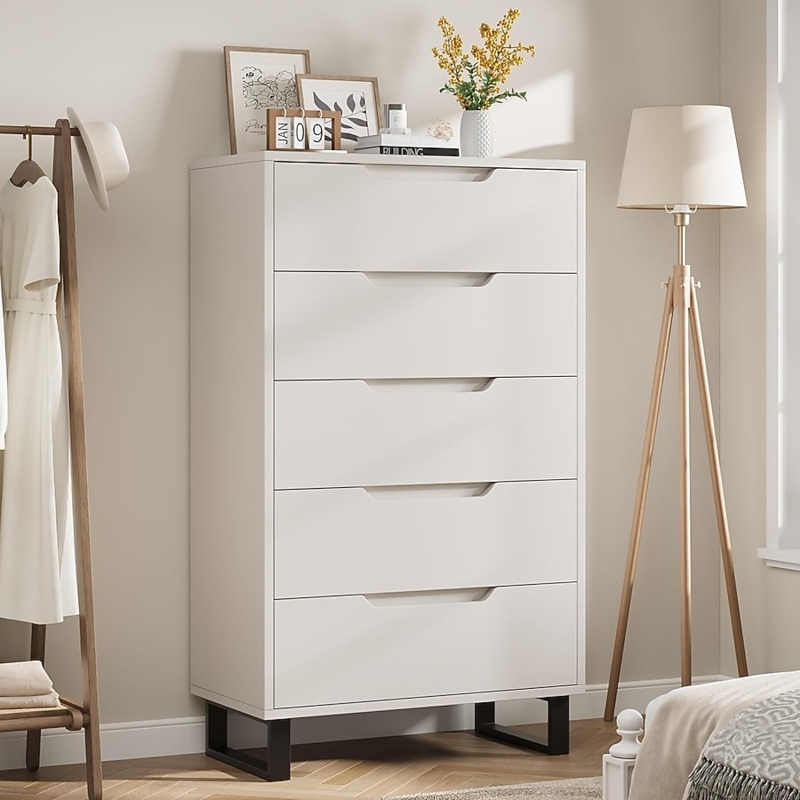 Modern White Tall Dresser with Recessed Handles and Black Sled Legs