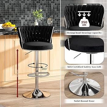 Modern Woven Back Bar Stools Black Velvet Adjustable Chrome