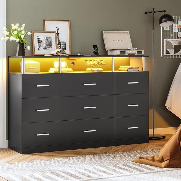 Moody Contemporary Black Dresser with Integrated Charging Station