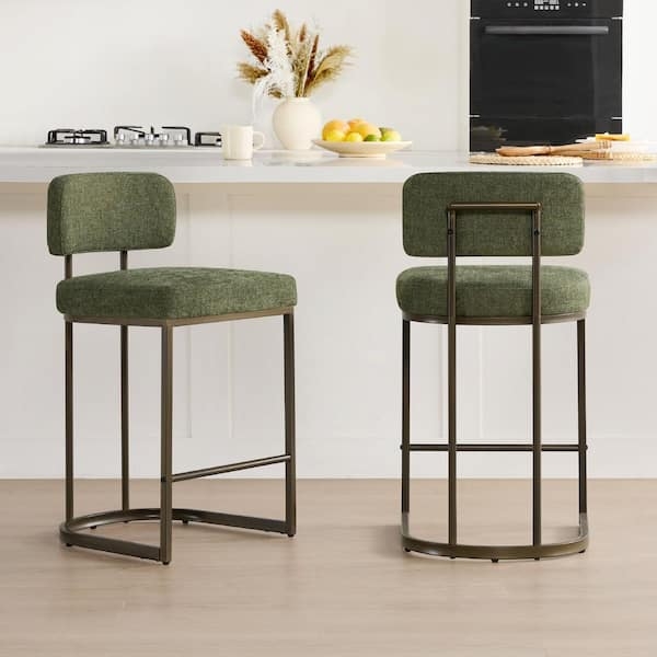 Moss Green Bar Stool Rounded Sled Base Low Back Bronze-Toned Metal