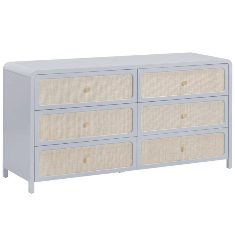 Muted Blue-Gray Dresser with Rounded Corners and Woven Rattan Fronts