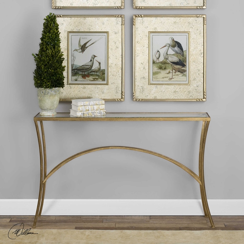 Narrow Console Table Arched Base Glass Top Slim Profile Transitional