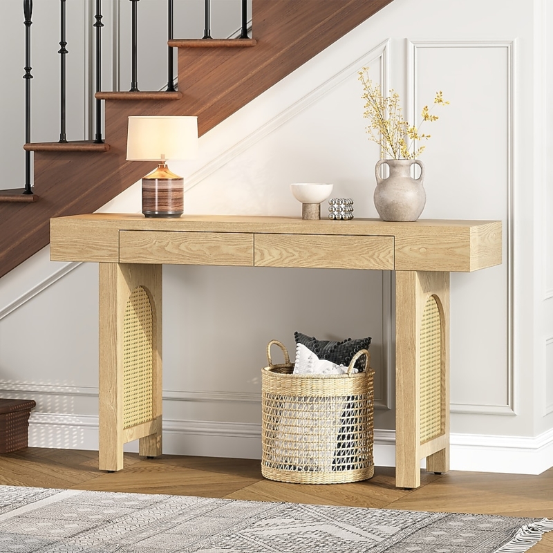 Narrow Console Table with Rattan Inlay and Arched Legs