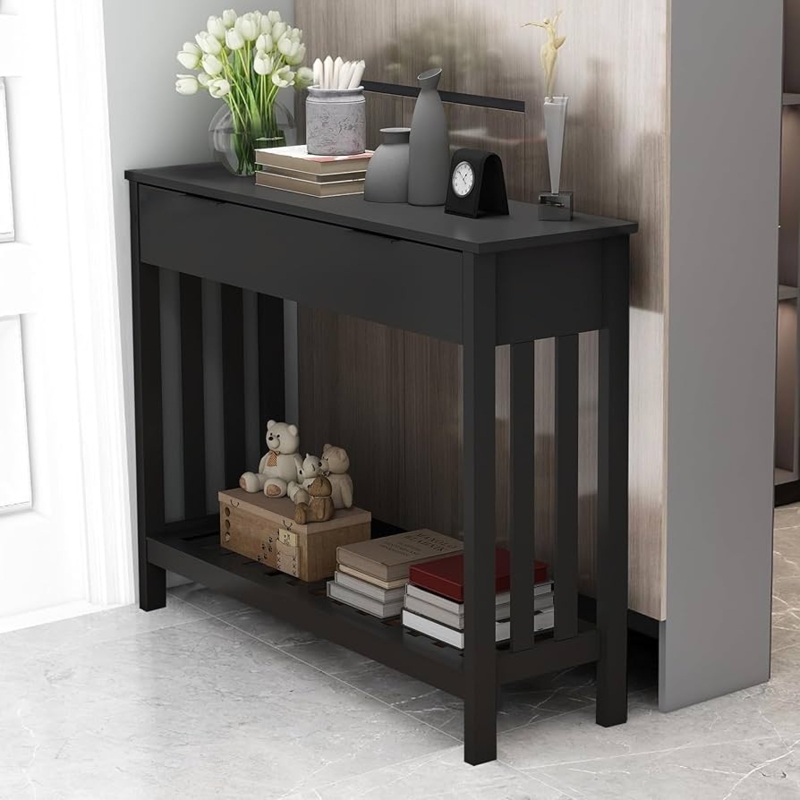 Narrow Console Table with Vertical Slats and Slatted Shelf underneath