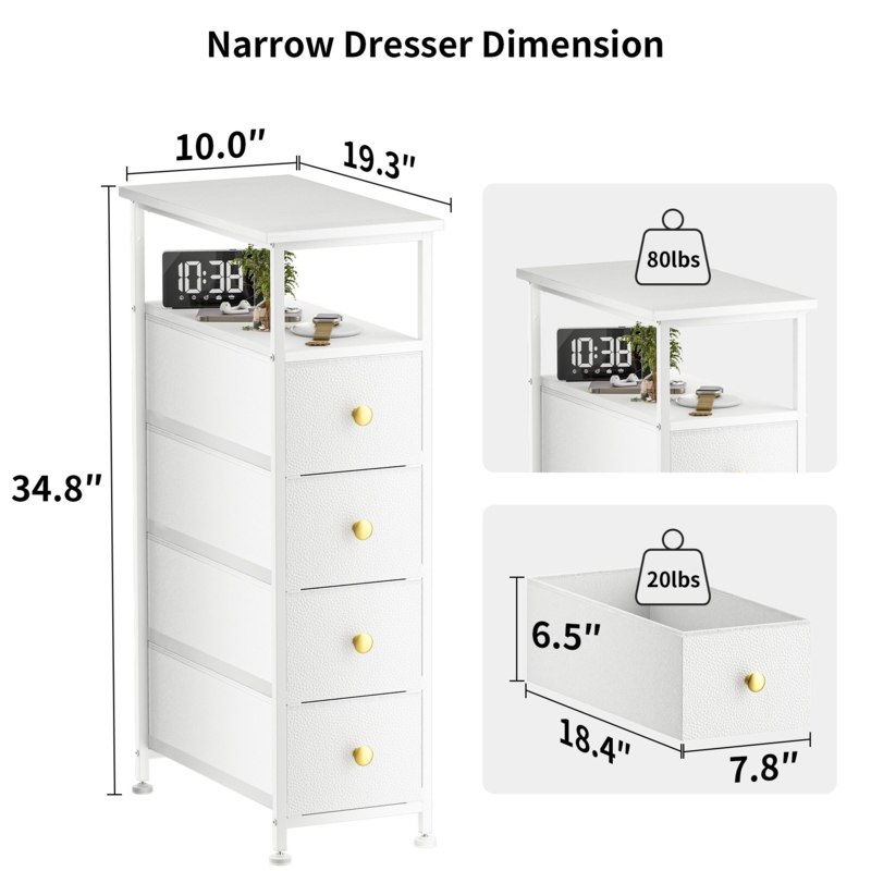 Narrow Dresser Open Shelving Leather Like Drawers Gold Accents