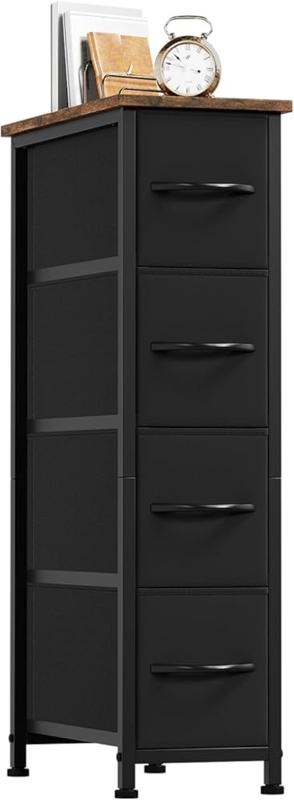 Narrow Dresser Slim Profile Rustic Brown Top Black Fabric Drawers