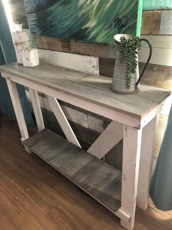 Narrow Rustic Console Table with Slanted Brace & Weathered Grey Top