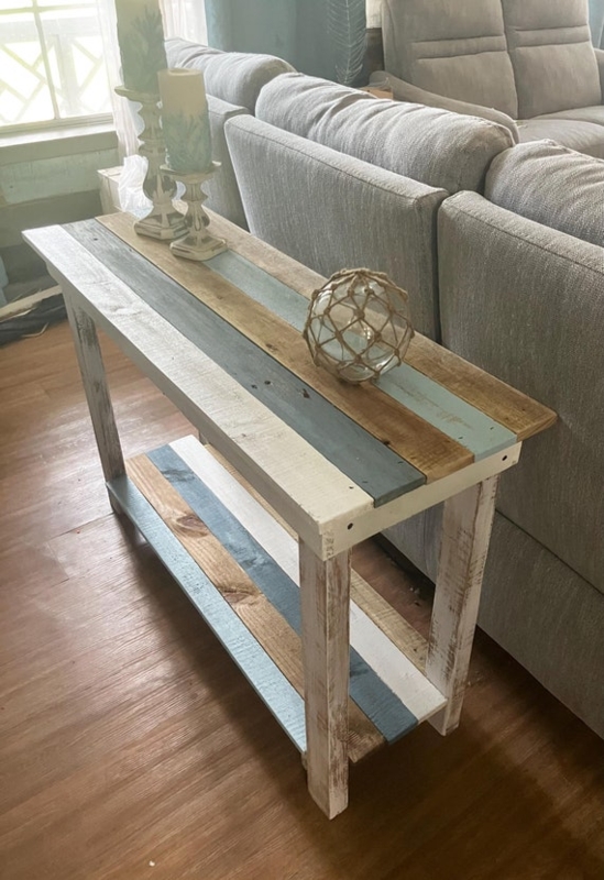 Narrow Sofa Table with Multi-Colored Plank Top & Weathered Finish