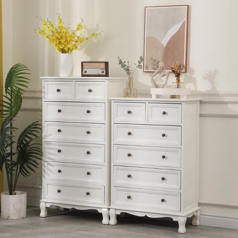 Narrow White Storage Chest with Scalloped Apron and Recessed Panels