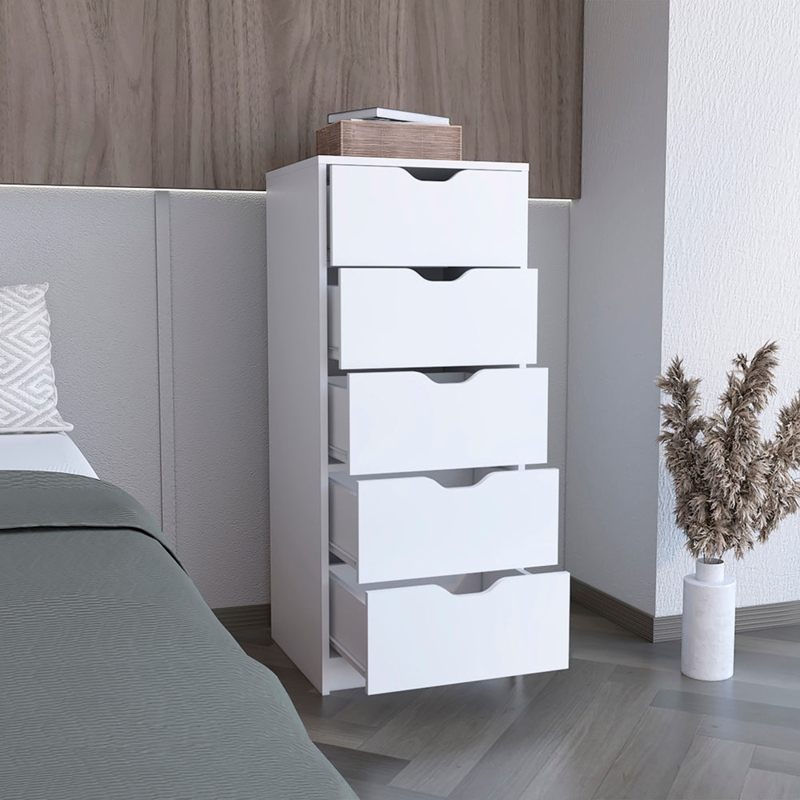 Narrow White Tall Dresser with Minimalist Cutout Handles