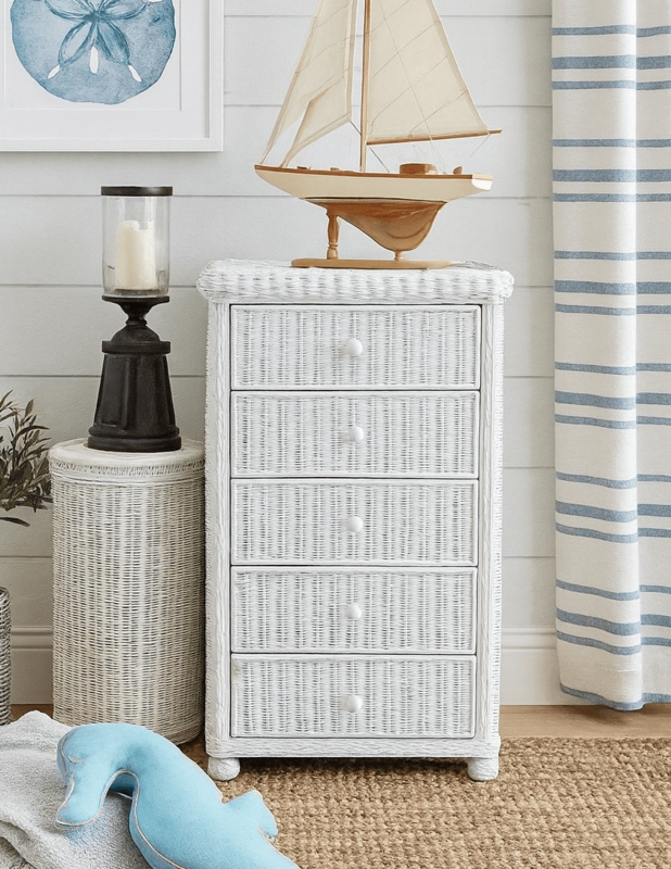 Narrow Wicker Chest with Five Drawers and Bun Feet