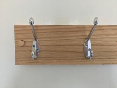 Natural Wood Coat Rack Polished Chrome Double Hooks Visible Screws
