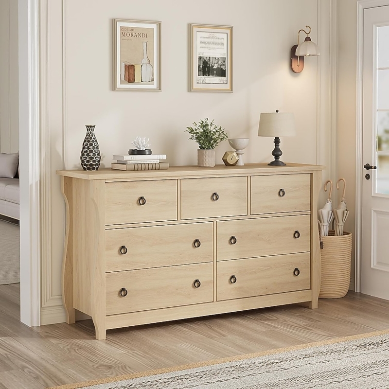 Natural Wood Dresser with Curved Side Panels and Rattan Accents