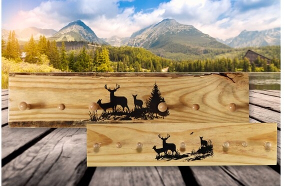 Natural Wood Wall Rack featuring Deer Silhouette and Wooden Pegs