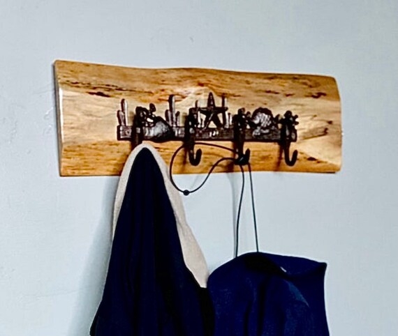 Nautical Wall Rack, Live Edge Wood with Sea Creature Accents
