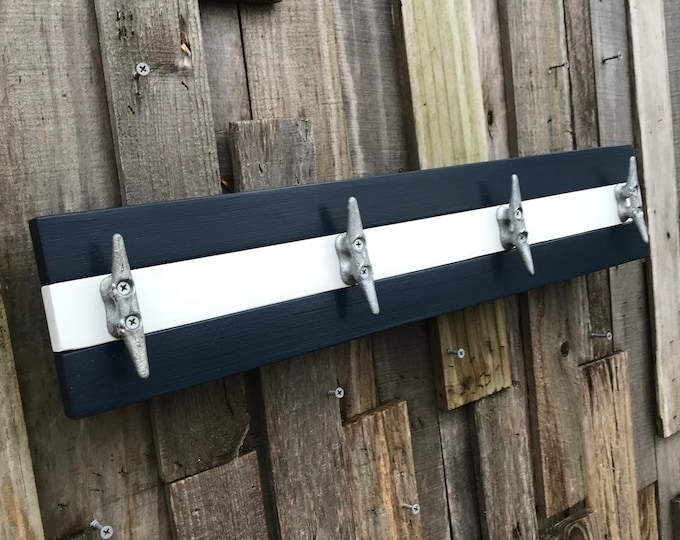 Navy and White Striped Rack with Boat Cleat Hooks