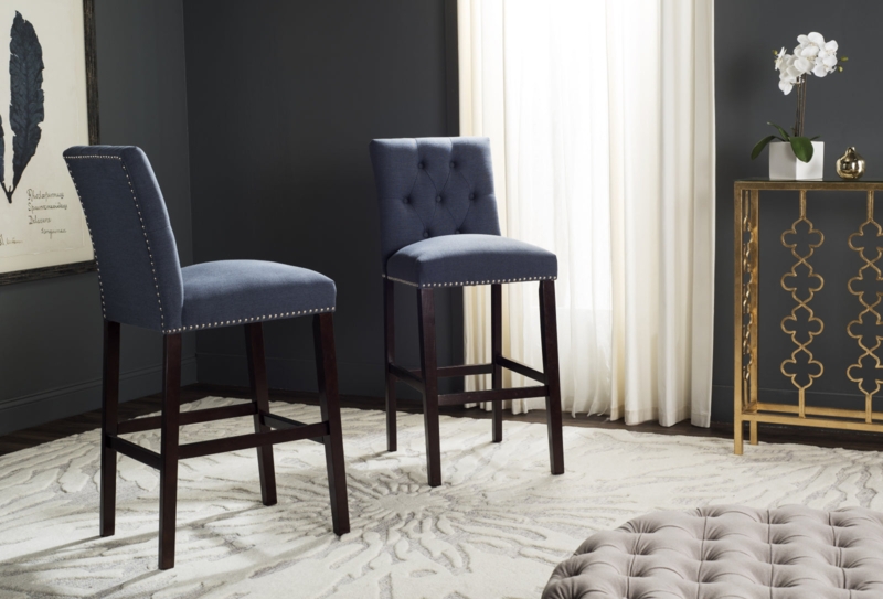 Navy Blue Bar Stool with Button Tufting and Nailhead Trim Details