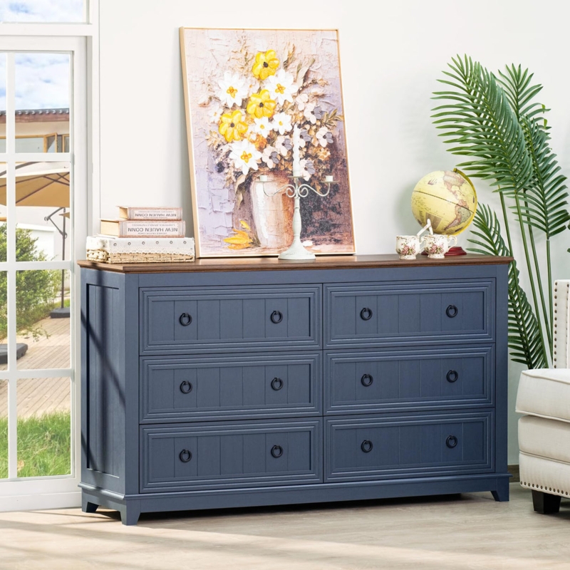 Navy Blue Dresser: Wood Top, Vertical Slats, Ring Pulls. Farmhouse Style.