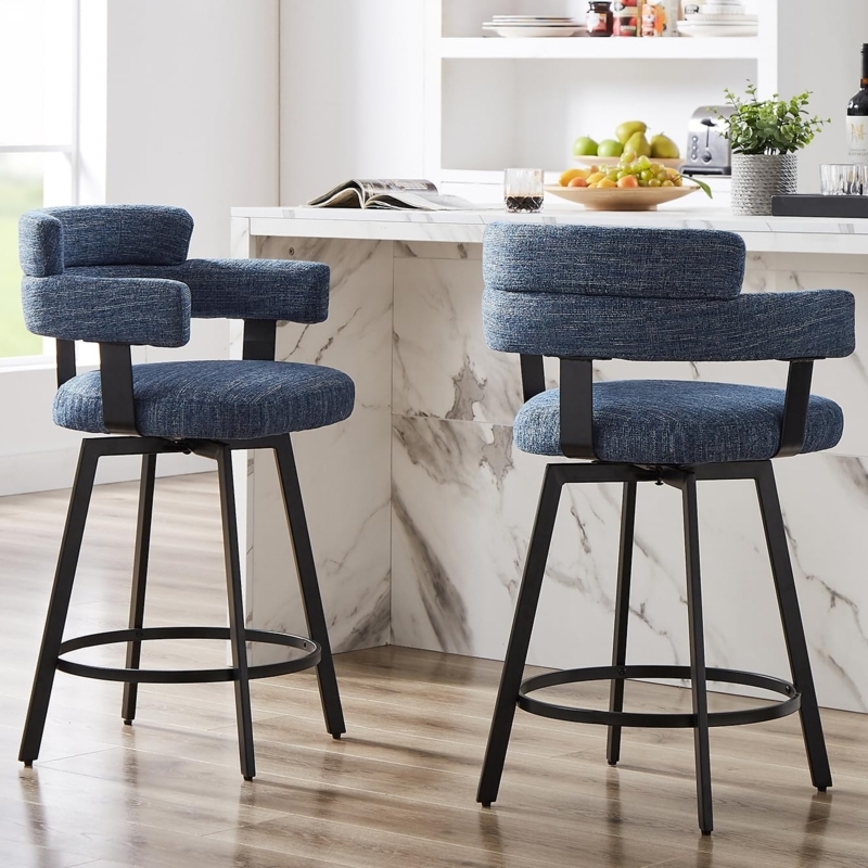 Navy Blue Swivel Bar Stools with Woven Texture and Matte Black Frame