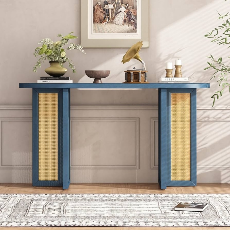 Navy Console Table Dual Pedestal Legs Rattan Inserts