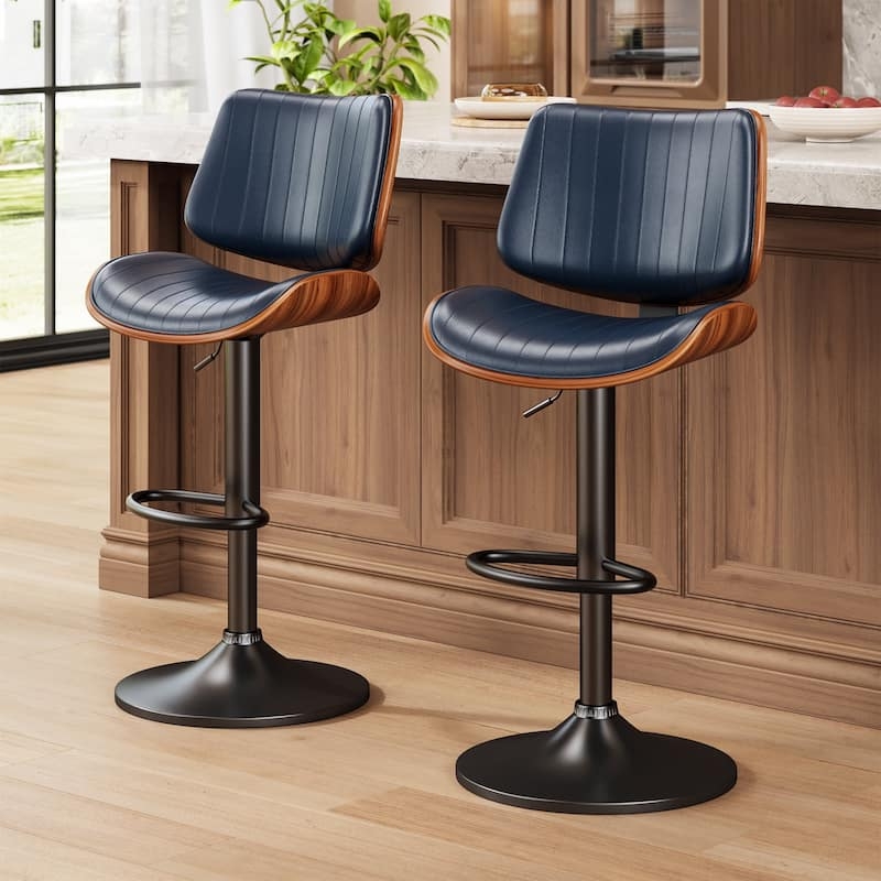 Navy Ribbed Bar Stools with Wood Shell Back, Black Pedestal Base
