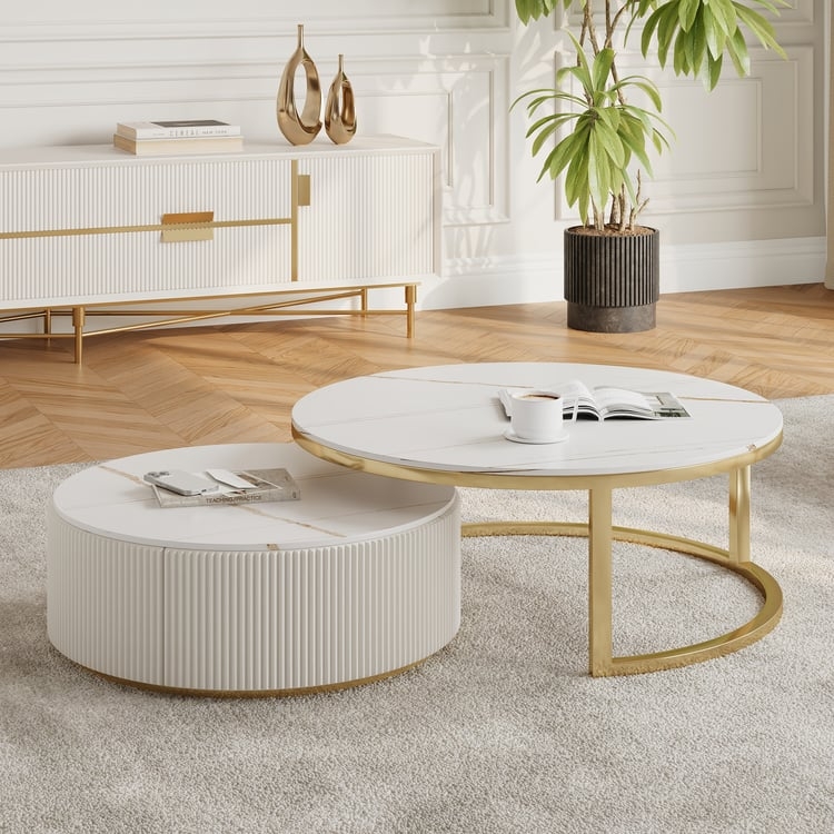 Nesting Coffee Table Set Fluted Ribbed Base Round Contemporary