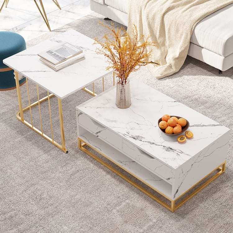 Nesting Coffee Table Set Marble Look Top Gold Metal Base Modern