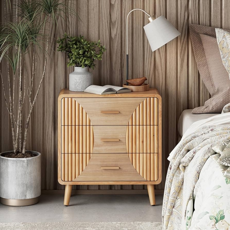 Nightstand, Ribbed Circular Design, Tapered Dowel Legs, Natural Wood