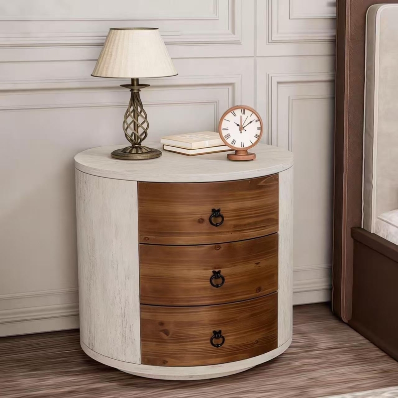 Nightstand, Round Silhouette, Curved Front, Rustic Two-Tone Finish