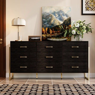 Nine Drawer Dresser in Black Wood Grain on a Gold Metal Sled Base