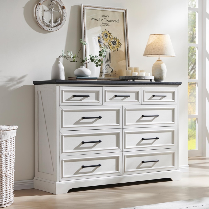 Nine-Drawer Dresser Modern Farmhouse Two-Tone X-Frame Sides