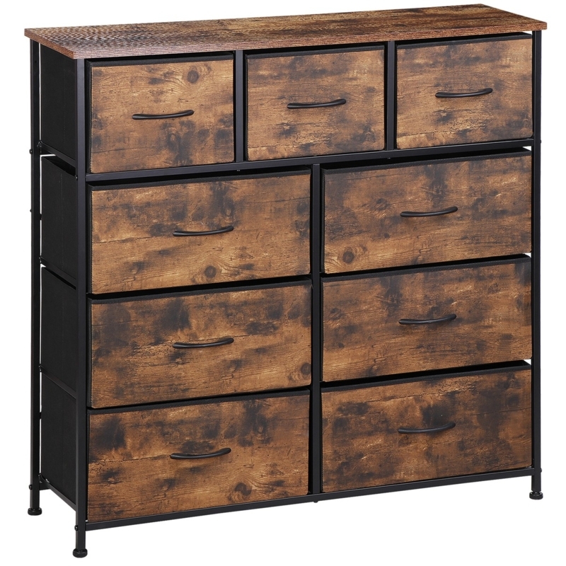Nine-Drawer Dresser Rustic Brown Wood-Grain Print, Metal Frame