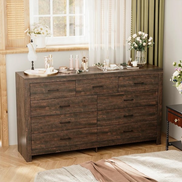 Nine-Drawer Dresser Weathered Brown Finish, Wide Wood Chest Drawers