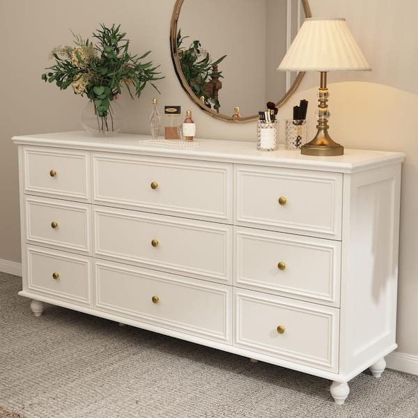 Nine-Drawer Dresser White Traditional Storage Gold Knobs Recessed