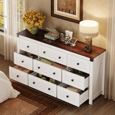 Nine Drawer Dresser White Two Tone Finish X Frame Sides Farmhouse