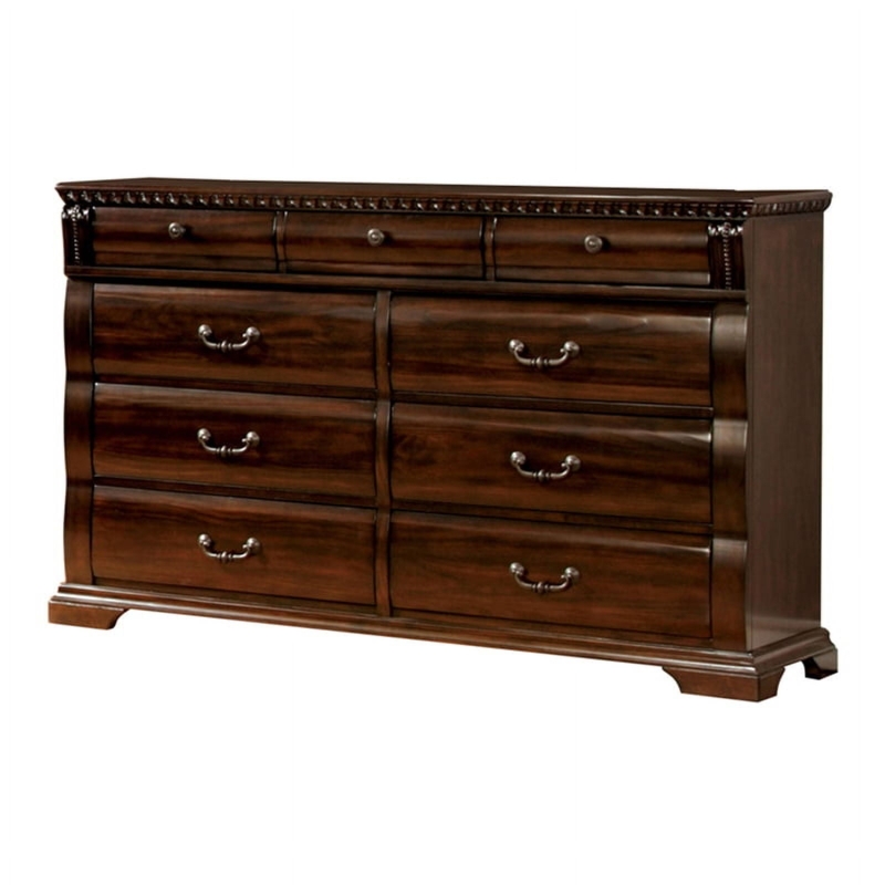 Nine-Drawer Dresser with Crown Molding in Dark Cherry Wood Tone