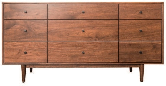 Nine Drawer Dresser with Round Knobs Mid Century Modern Wood Tone