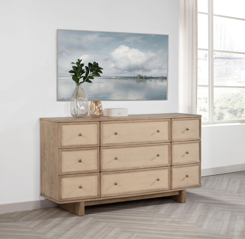 Nine-Drawer Dresser with Woven Cane Panels, Coastal Farmhouse Style