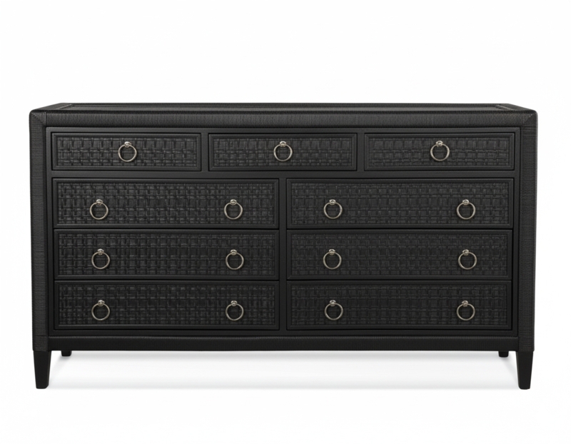 Nine-Drawer Dresser, Woven Basketweave Texture, Ring Pulls, Matte Black